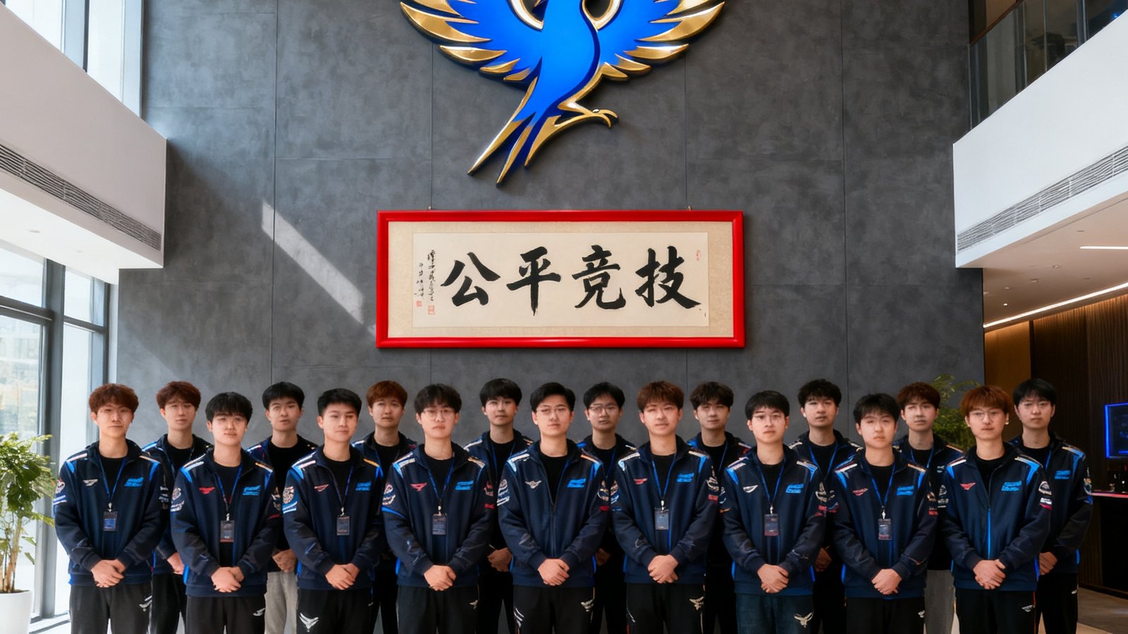 蜂鸟电竞上海总部团队合影，四十余位员工站在公司前厅，背景墙上挂着巨大的蜂鸟品牌标识和'公平竞技'书法匾额