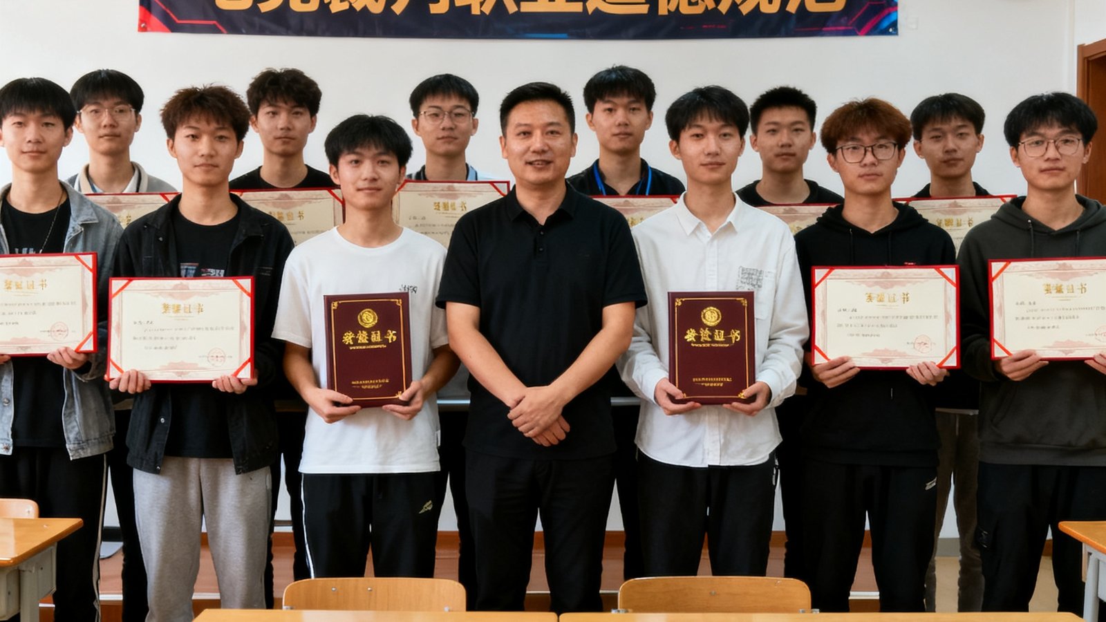 蜂鸟电竞第12期裁判培训结业仪式，二十名学员手持证书与讲师合影，教室背景悬挂电竞裁判职业道德规范
