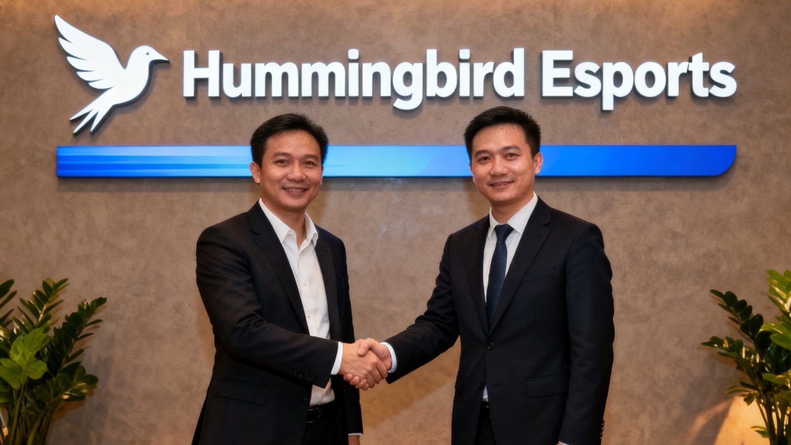 蜂鸟电竞东南亚市场拓展签约仪式，CEO林正阳与合作伙伴在曼谷握手，背景展示蜂鸟电竞英文版品牌标识