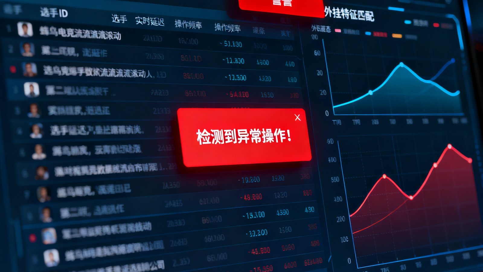 蜂鸟电竞反作弊系统实时监控仪表盘界面，显示多选手数据流、外挂特征匹配曲线和红色预警弹窗