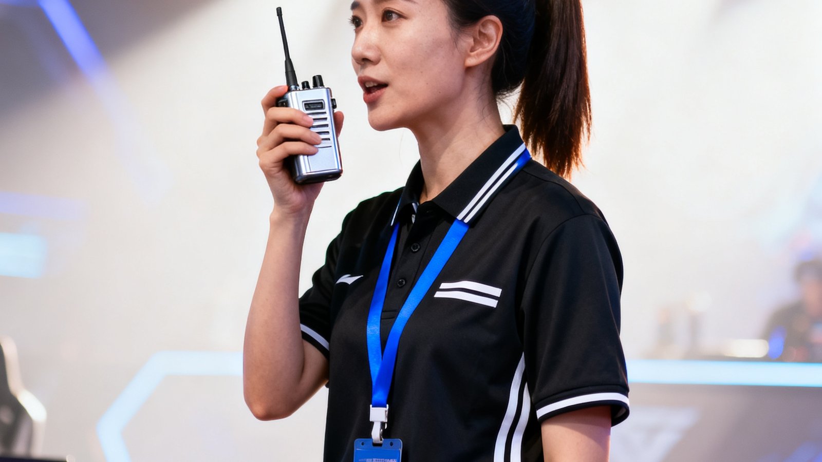 蜂鸟电竞首席裁判长陈瑜，女性三十余岁扎马尾，身着裁判制服佩戴证件，在赛事舞台旁手持对讲机指挥